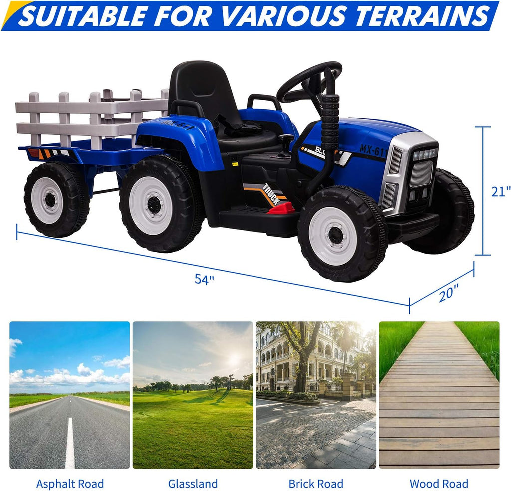 12V Kids Ride On Tractor with Trailer & Remote Control, Toddler Battery Powered Electric Car Slow Start 7LED Headlights USB Music Player 2+1 Gear Shift, Blue, 25W/Treaded Tires