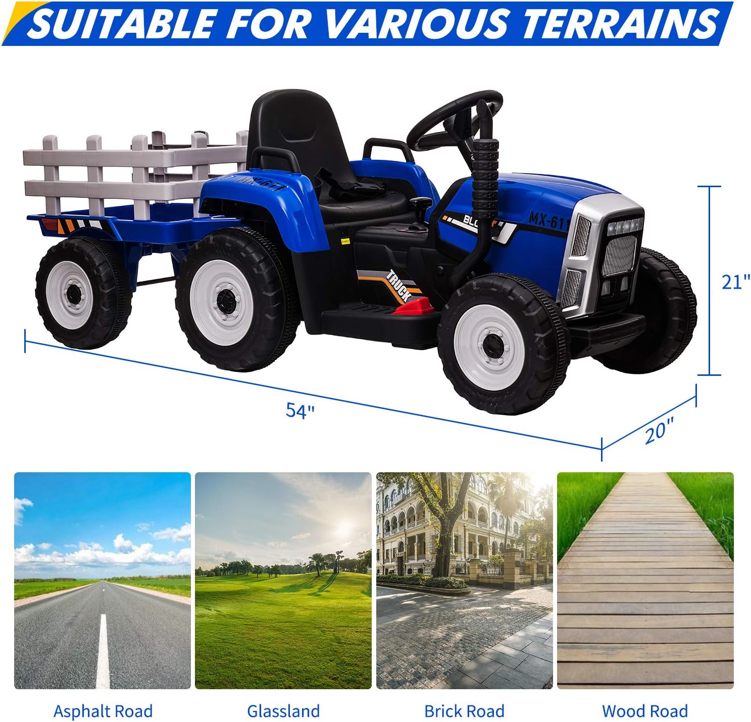 12V Kids Ride On Tractor with Trailer & Remote Control, Toddler Battery Powered Electric Car Slow Start 7LED Headlights USB Music Player 2+1 Gear Shift, Blue, 25W/Treaded Tires