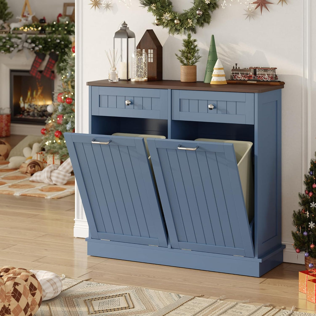 KIGOTY Double Tilt Out Trash Can Cabinet, 20 Gallon Hidden Trash Storage Cabinet with 2 Hideaway Drawers, Freestanding Trash Can for Kitchen, Wooden Laundry Hamper Cabinet, Pet Proof (Blue)