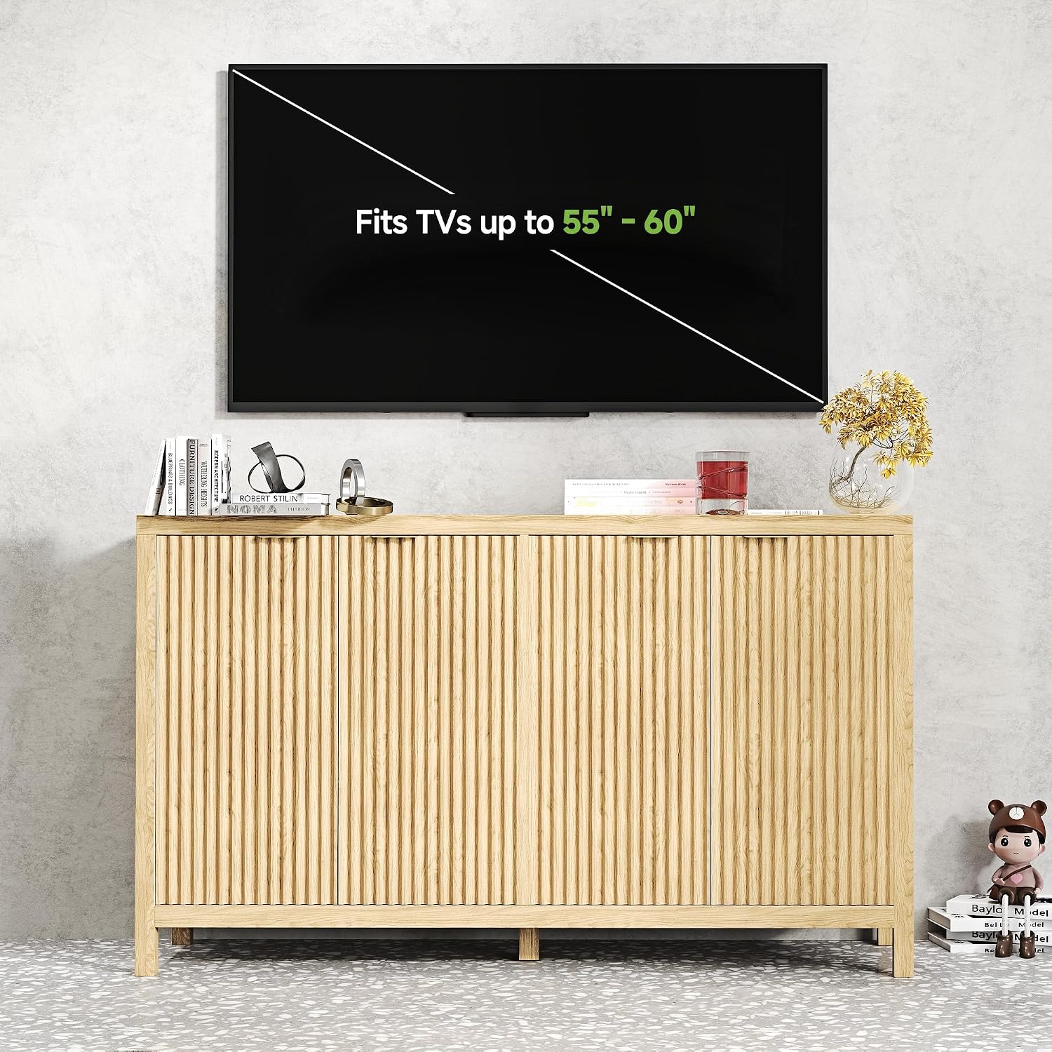 Real Relax Fluted Buffet Cabinet with Storage, Modern Sideboard with 4 Doors, 3 Adjustable Shelves, Large 55'' Kitchen Credenza Coffee Bar Cabinet, Console Cabinets for Living, Dinning Room, Natural