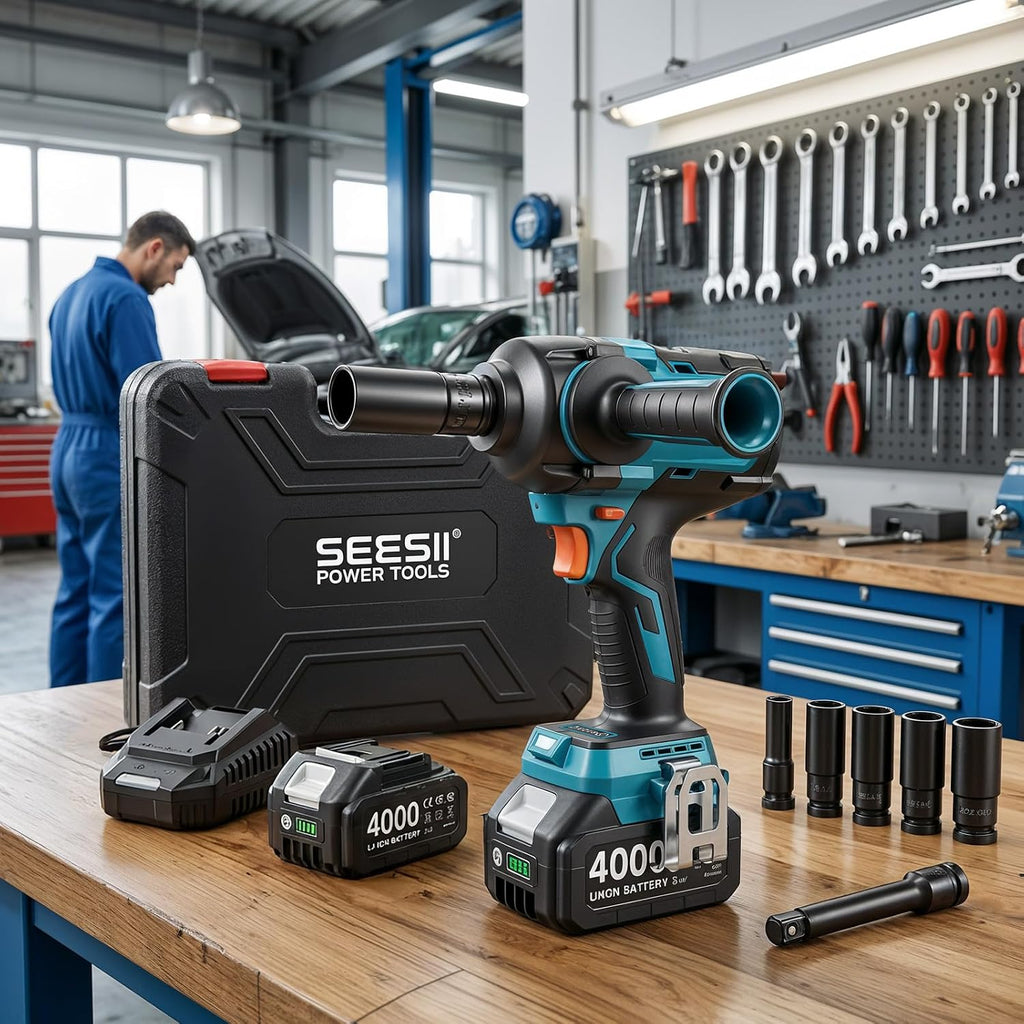 Seesii Upgraded Cordless Impact Wrench 885Ft-lbs (1200N·m): 1/2' Impact Gun with Detachable Side Handle, 21V High Torque Power Impact Driver 2x 4.0Ah Batteries for Family Car/Pickup Truck/Mower