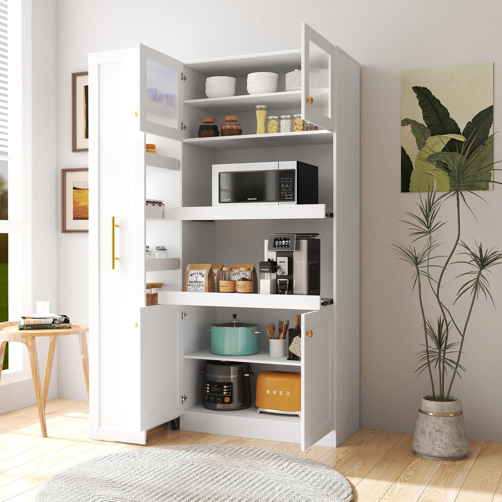 Ball & Cast 71″Tall Freestanding Kitchen Pantry Cabinet with 2 Pull-Out Shelves,Versatile Farmhouse Pantry Storage Cabinet w/Pull-Out Storage Shelf and 4 Doors,for Kitchen and Dining Room,White