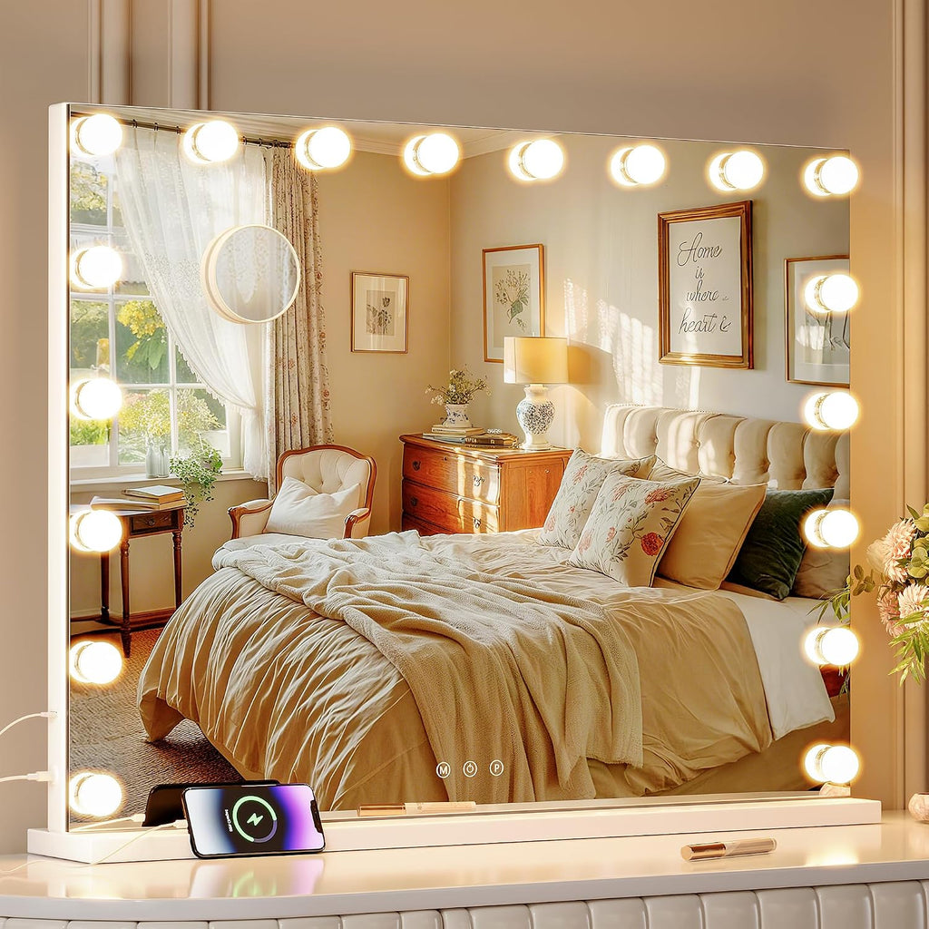 ZL ZELing Vanity Mirror Makeup Mirror with Lights,31.49' x 23.62'Large Tabletop Light up Mirror with 18Bulbs,10X Magnification,USB Charging Port,3 Color Touch Control Dimmable Lights.