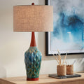360 Lighting Rocco Mid Century Modern 3-Way Table Lamp with Table Top Dimmer 30' Tall Blue Teal Glaze Ceramic Cherry Wood Linen Fabric Drum Shade for Cottage Core Living Room (Colors May Vary)