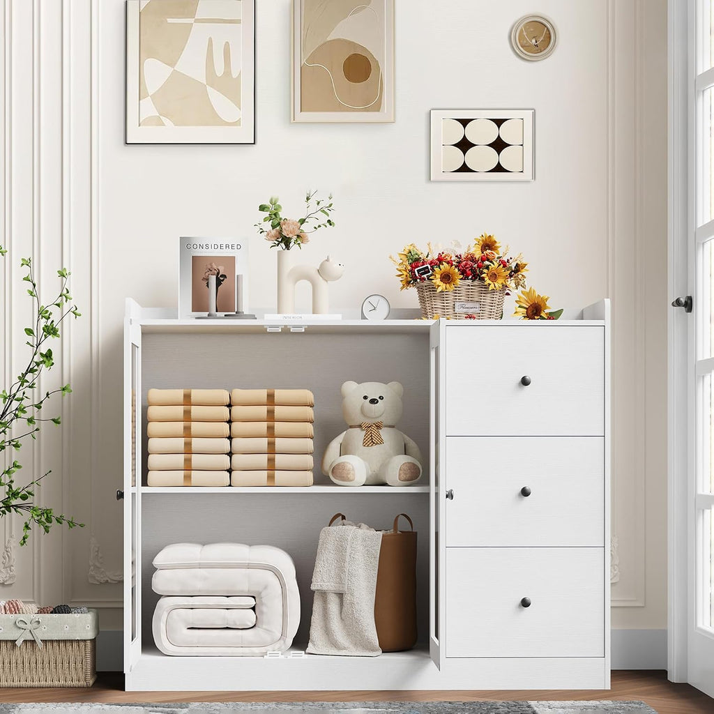 Takywep Kitchen Storage Cabinet, Wooden Coffee Bar with 3 Drawers & Double Doors, Sideboard Buffet Cabinet for Kitchen, Living Room, Entryway, Bathroom, White