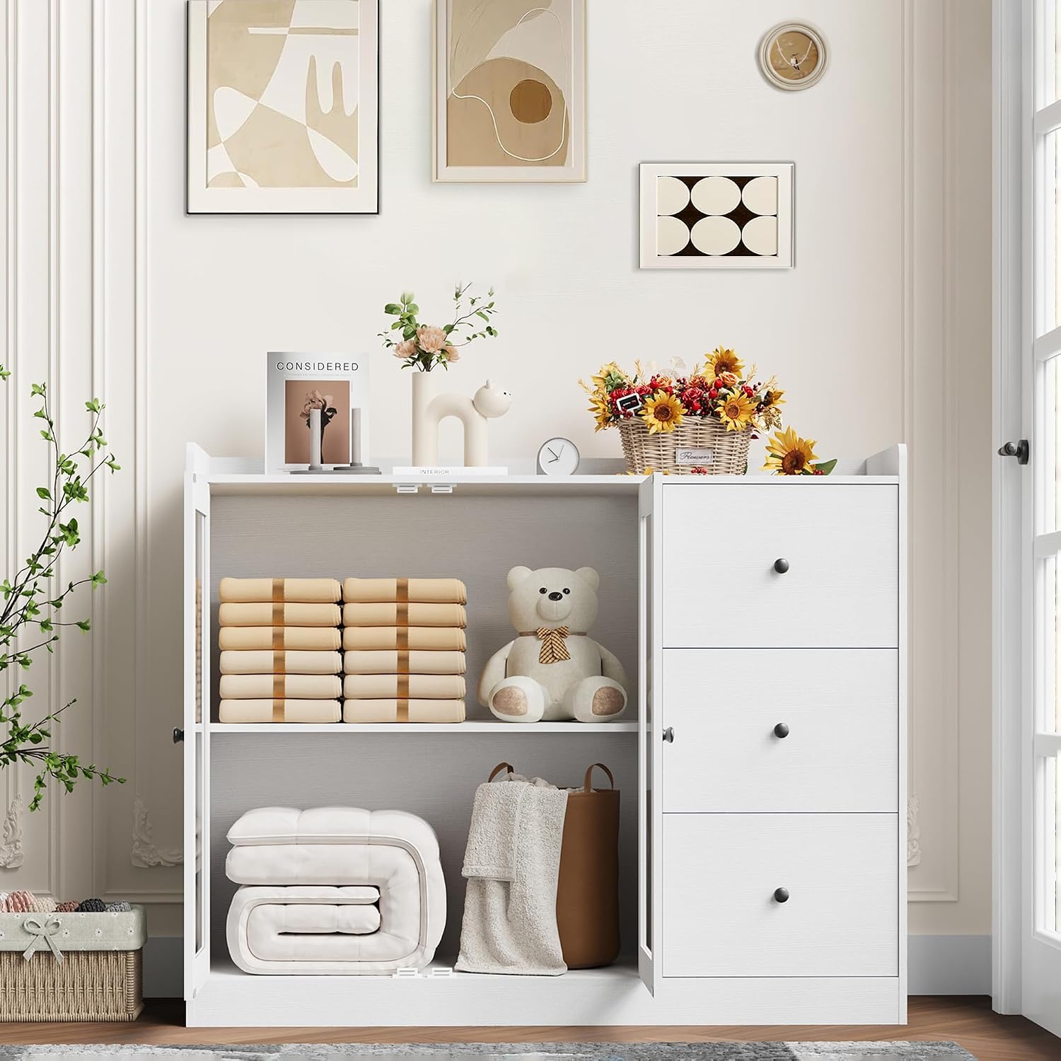 Takywep Kitchen Storage Cabinet, Wooden Coffee Bar with 3 Drawers & Double Doors, Sideboard Buffet Cabinet for Kitchen, Living Room, Entryway, Bathroom, White