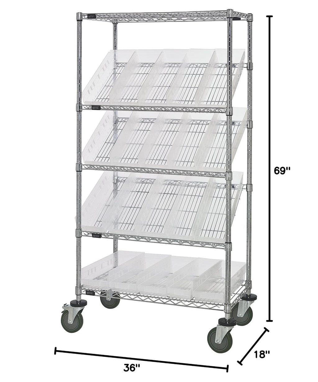 Quantum Storage Systems WRCSL5-63-1836-104CL 5-Tier Slanted Wire Shelving Suture Cart w/ 20 QSB104 Clear Shelf Bins, 2 Horizontal & 3 Slanted Shelves, Chrome Finish, 69' H x 36' W x 18' L