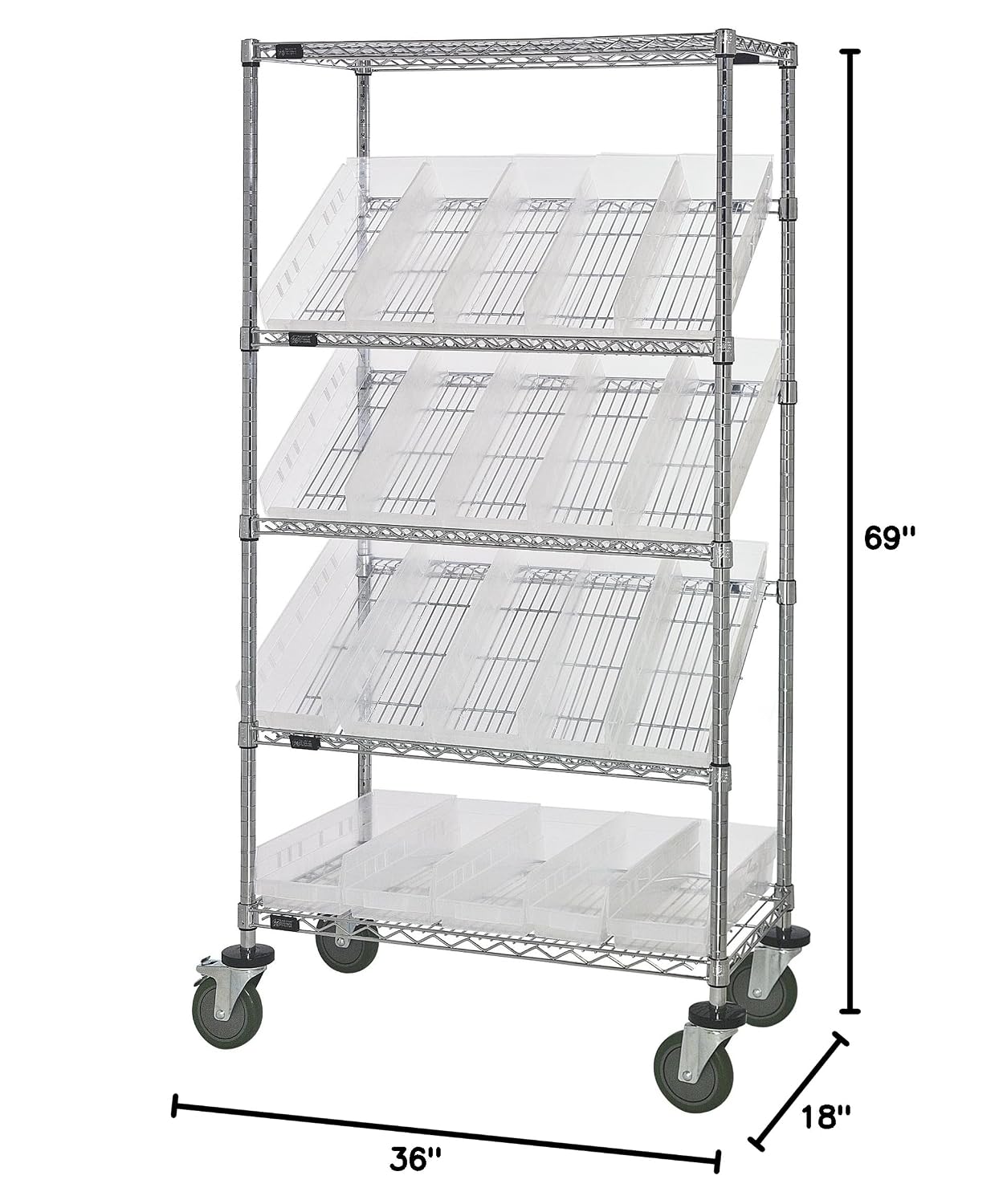 Quantum Storage Systems WRCSL5-63-1836-104CL 5-Tier Slanted Wire Shelving Suture Cart w/ 20 QSB104 Clear Shelf Bins, 2 Horizontal & 3 Slanted Shelves, Chrome Finish, 69' H x 36' W x 18' L