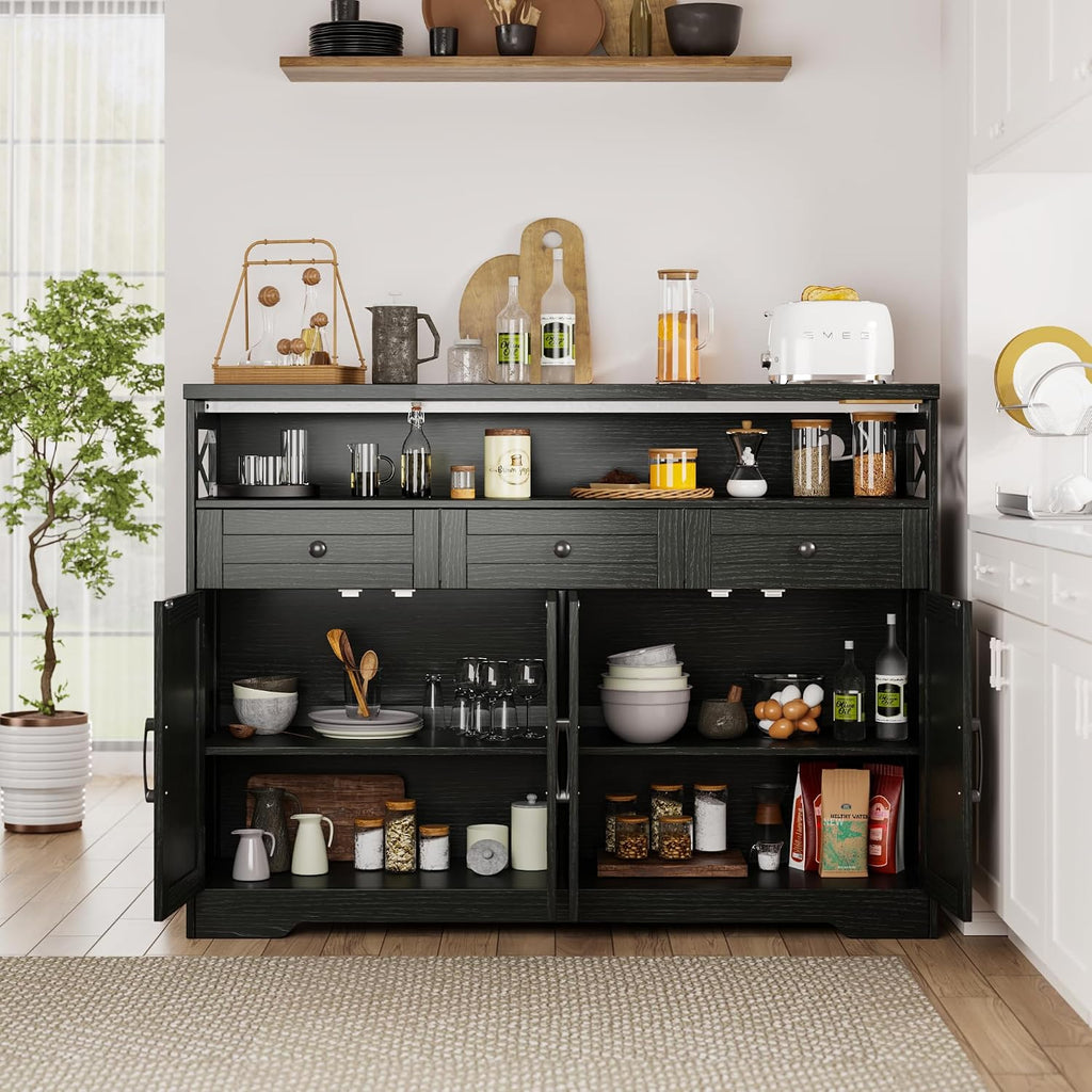 Befrases 52' L Modern Farmhouse Sideboard Buffet Cabinet, Black Storage Cabinet with Drawers & Shelves, Kitchen Pantry Hutch, Coffee Bar Station Table for Living Room, Dining Room, Entryway