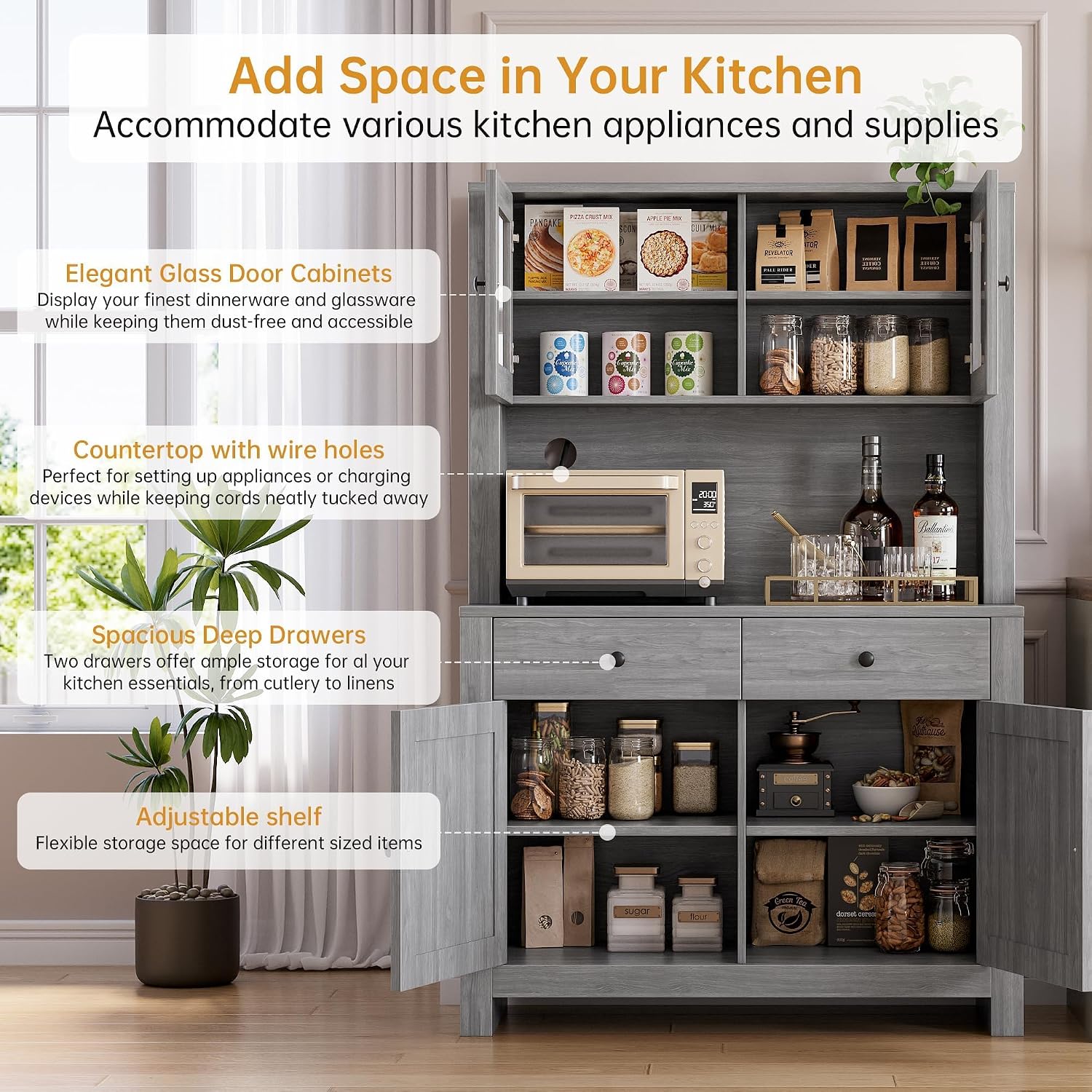63' Tall Farmhouse Kitchen Pantry Cabinet with Microwave Stand, Freestanding Pantry Hutch Cabinet with Adjustable Shelves, Drawers & Countertop, Buffet Cupboard for Dining & Living Room Storage, Grey