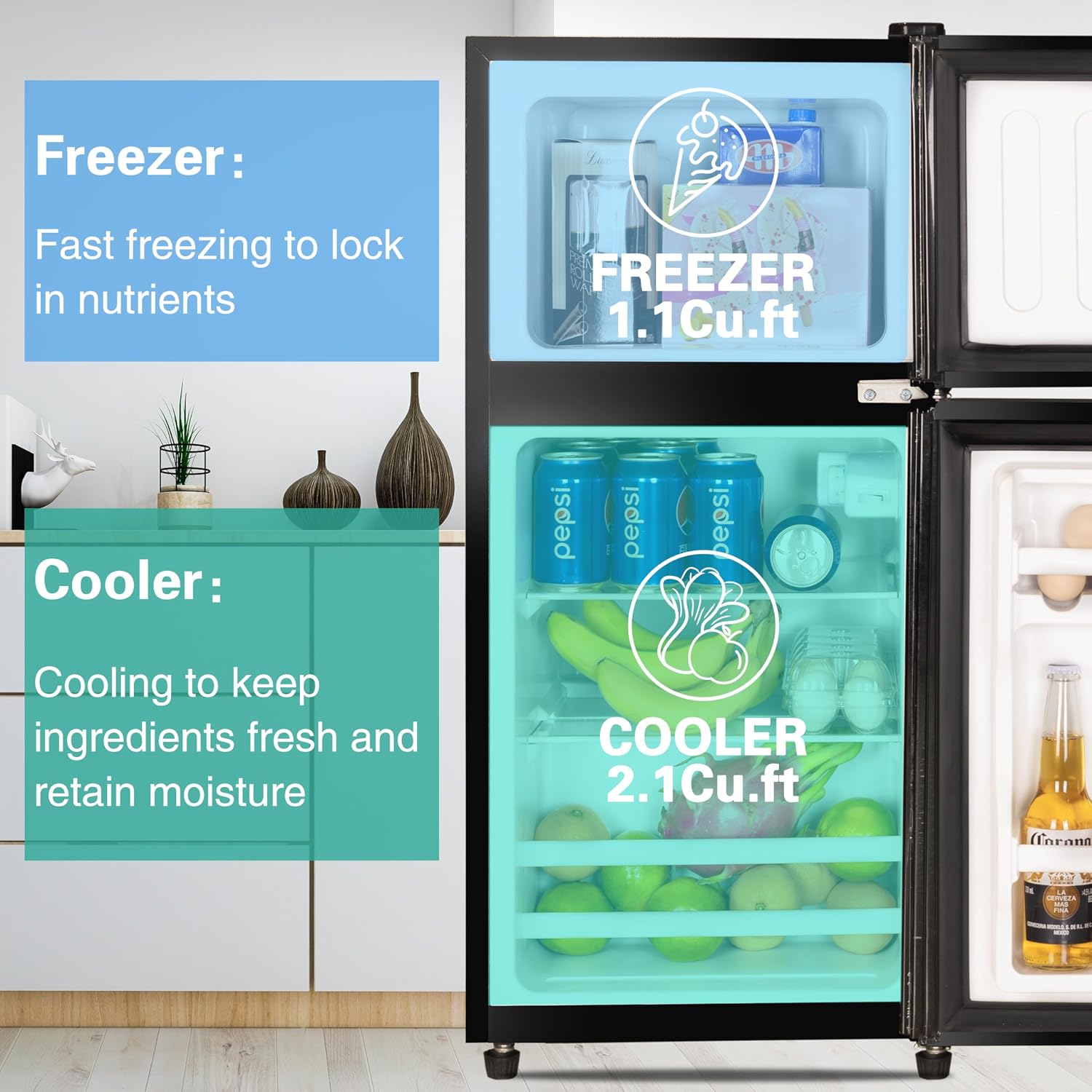 Anukis Compact Refrigerator 3.2 Cu Ft 2 Door Mini Fridge with Freezer for Apartment, Dorm, Office, Family, Basement, Garage - Black