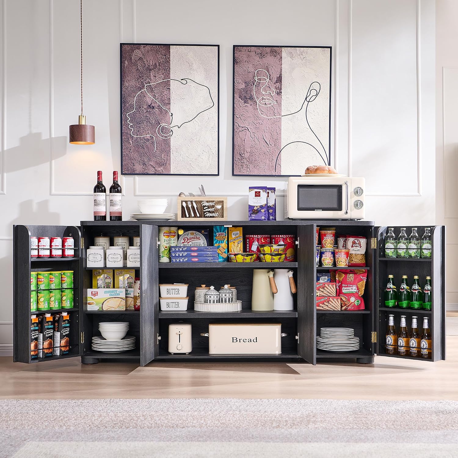 IFGET Curved Buffet Cabinet with Doors, 66' Large Sideboard Buffet Storage Cabinet with 4 Doors and Shleves, Modern Coffee Bar Station Wood Kitchen Table for Kitchen, Dining Room, Dark Grey