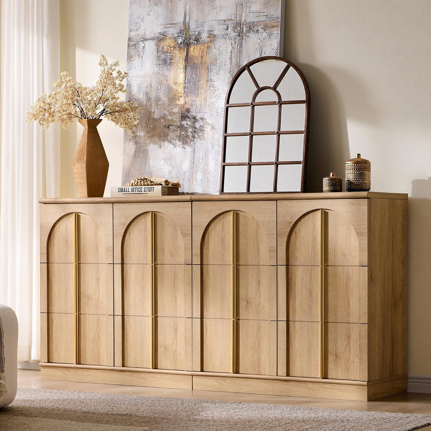 ACCOHOHO 63 Inch Sideboard Buffet Cabinet with Storage & Arched Doors, Wood Coffee Bar Tables with Adjustable Shelf for Living Room, Kitchen, Entryway, Natural Oak