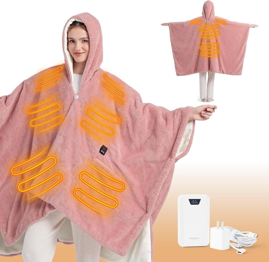 Bedsure Cordless Wearable Heated Blanket - Fluffy Electric Blanket Hoodie with 20000mAh Battery Pack, Portable USB Heated Shawl as Winter Gifts for Women Mom, 4 Heat Levels & 4 Timers, 55'x69', Pink