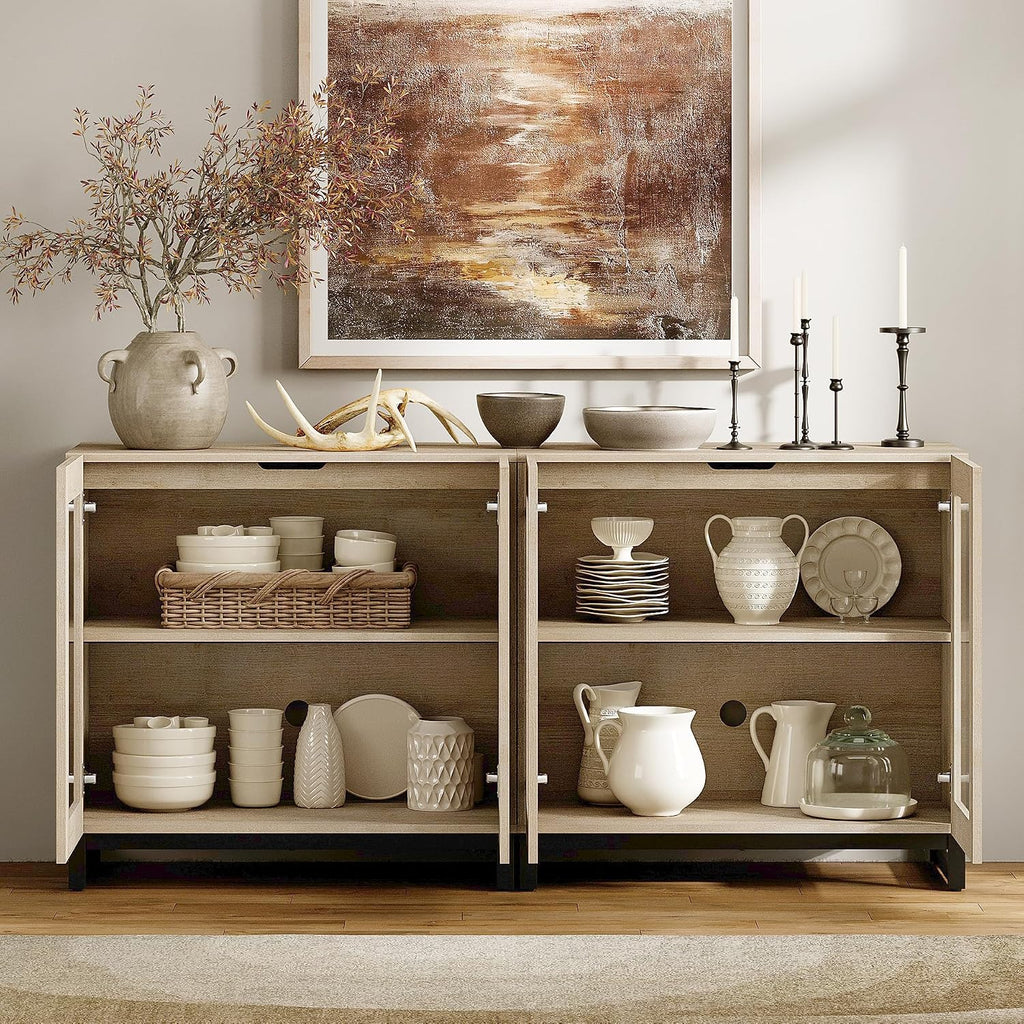 WAMPAT Sideboard Buffet Cabinets, Modern Credenza Sideboard with Adjustable Shelf and Metal Base, Coffee Bar Cabinet Accent Storage Cabinet for Living Room, Kitchen, Beige-A, 2 Pcs
