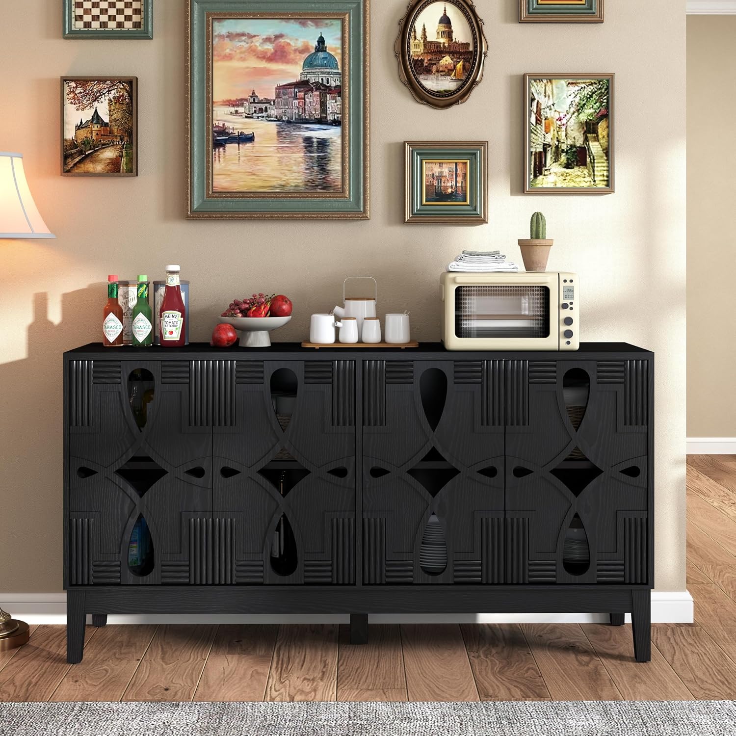 KEIKI 60.5'' Buffet Cabinet with Storage, Farmhouse Fluted Sideboard with Geometric Pattern & Adjustable Shelves, Mid Century Modern TV Stand for Living Room Kitchen Dining Room Entryway, Black