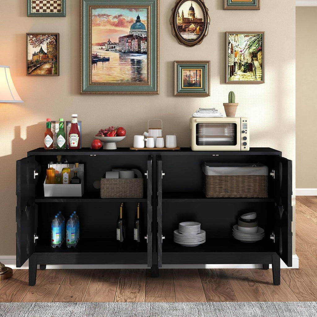 KEIKI 60.5'' Buffet Cabinet with Storage, Farmhouse Fluted Sideboard with Geometric Pattern & Adjustable Shelves, Mid Century Modern TV Stand for Living Room Kitchen Dining Room Entryway, Black