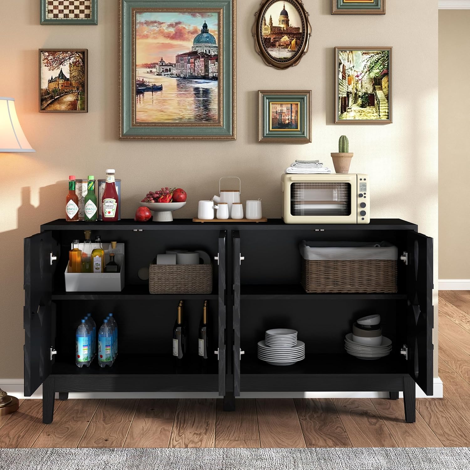 KEIKI 60.5'' Buffet Cabinet with Storage, Farmhouse Fluted Sideboard with Geometric Pattern & Adjustable Shelves, Mid Century Modern TV Stand for Living Room Kitchen Dining Room Entryway, Black