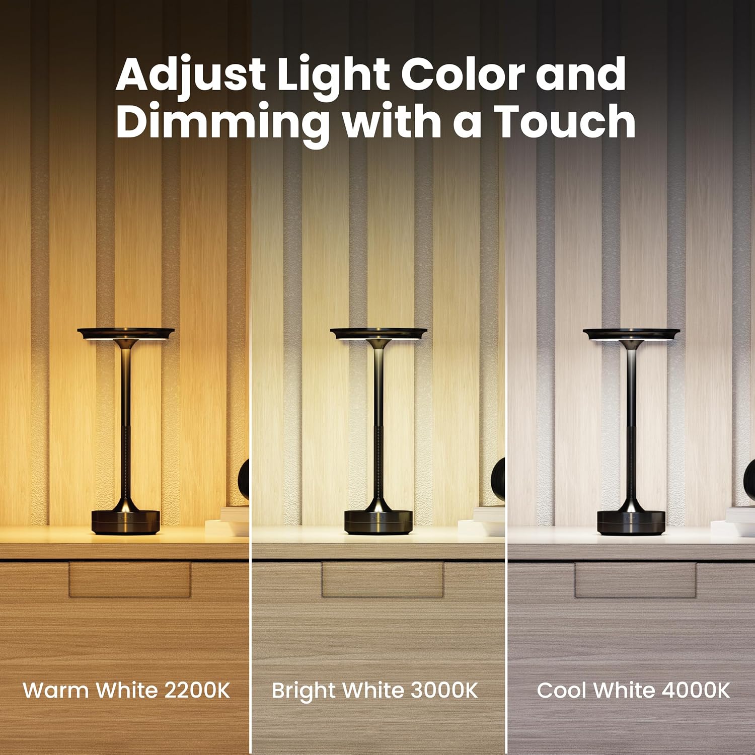 Feit Electric Tabletop Lamp, Touch-Activated, 3-Way Dimmable, 100 Lumens, 3 Watts, Potable & Rechargeable for Indoor/Outdoor Use, 50,000-Hour Lifetime, TABLE/3CCT/BK/BAT/4, 4 Pack