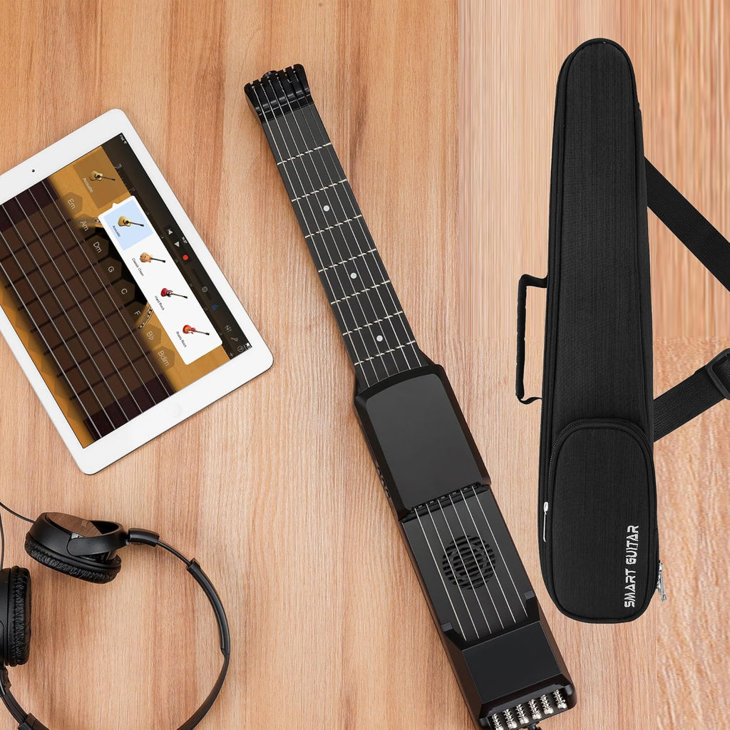 USB Charging Smart Acoustic Electric Pocket Travel Chord Practice Portable Guitar Neck for Beginner AI LCD (BLACK)