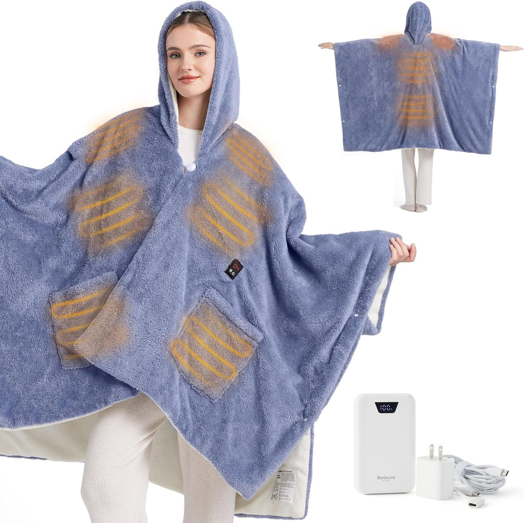 Bedsure Cordless Wearable Heated Blanket - Fluffy Electric Blanket Hoodie with 20000mAh Battery Pack, Portable USB Heated Shawl as Winter Gifts for Women Mom, 4 Heat Levels & 4 Timers, 55'x69', Blue