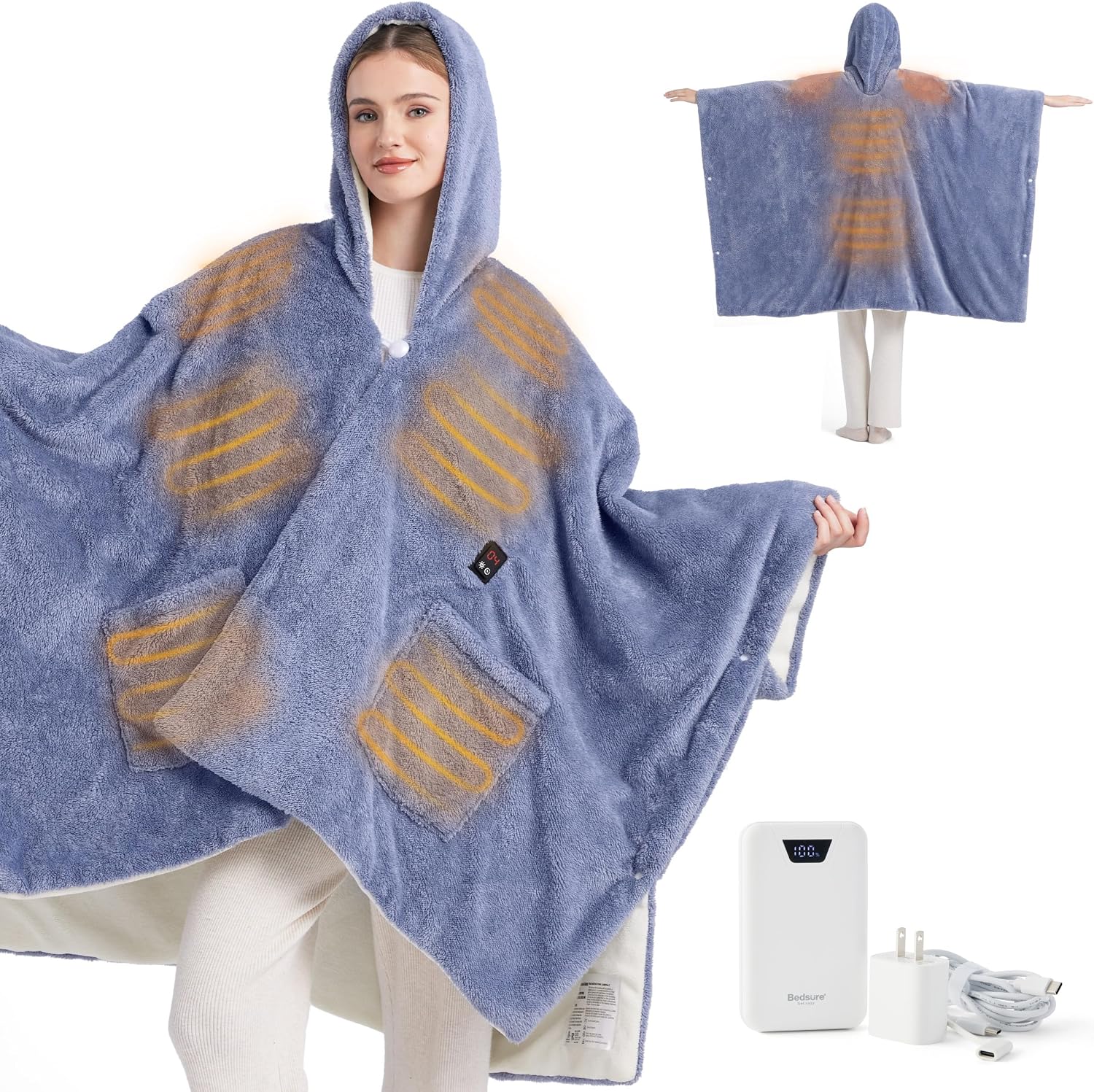 Bedsure Cordless Wearable Heated Blanket - Fluffy Electric Blanket Hoodie with 20000mAh Battery Pack, Portable USB Heated Shawl as Winter Gifts for Women Mom, 4 Heat Levels & 4 Timers, 55'x69', Blue