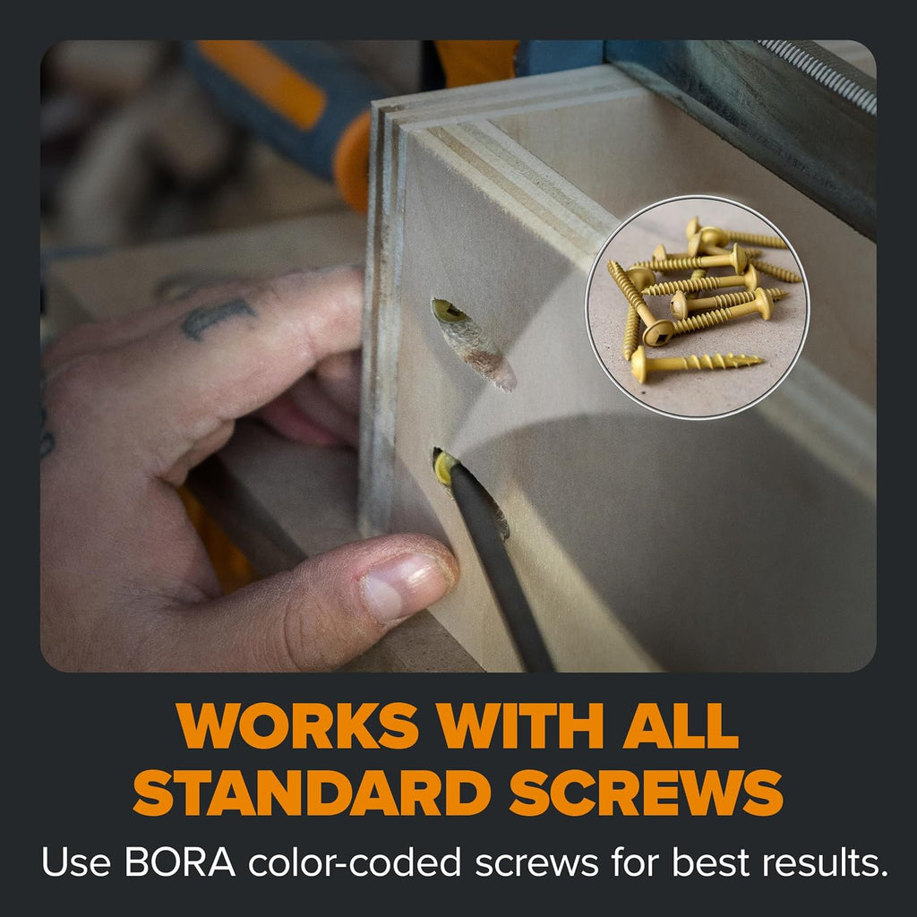 BORA Automatic Pocket Hole Jig with 50 Color-Coated Screws, Auto Adjusting Drill Guide, Pocket Hole Jig Kit for Woodworking - For Materials 1/2 inch to 1 1/2 inch Thick, Power Tool Accessory Jigs