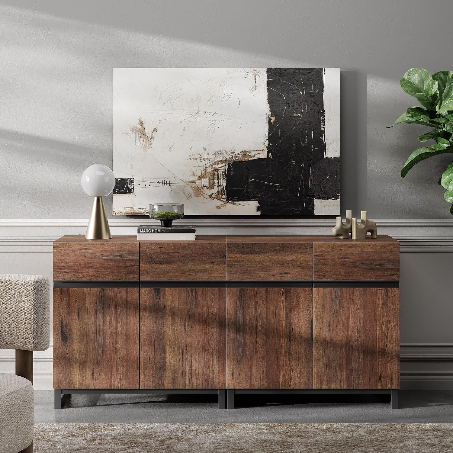 WAMPAT 2 in 1 Multifunctional Sideboard Buffet Cabinets, Modern Sideboard with Adjustable Shelf and Metal Base, Coffee Bar Cabinet Storage Cabinet for Living Room, Kitchen, Brown