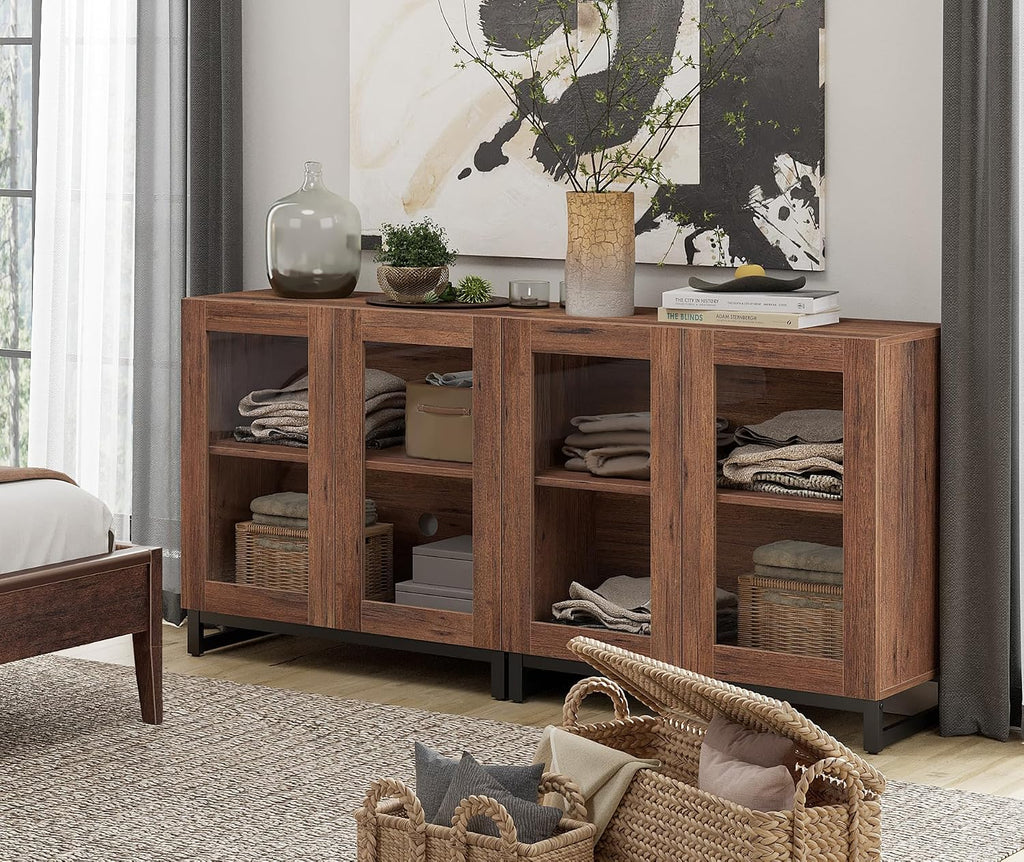 WAMPAT Sideboard Buffet Cabinets, Modern Credenza Sideboard with Adjustable Shelf and Metal Base, Coffee Bar Cabinet Accent Storage Cabinet for Living Room, Kitchen, Brown-A, 2 Pcs