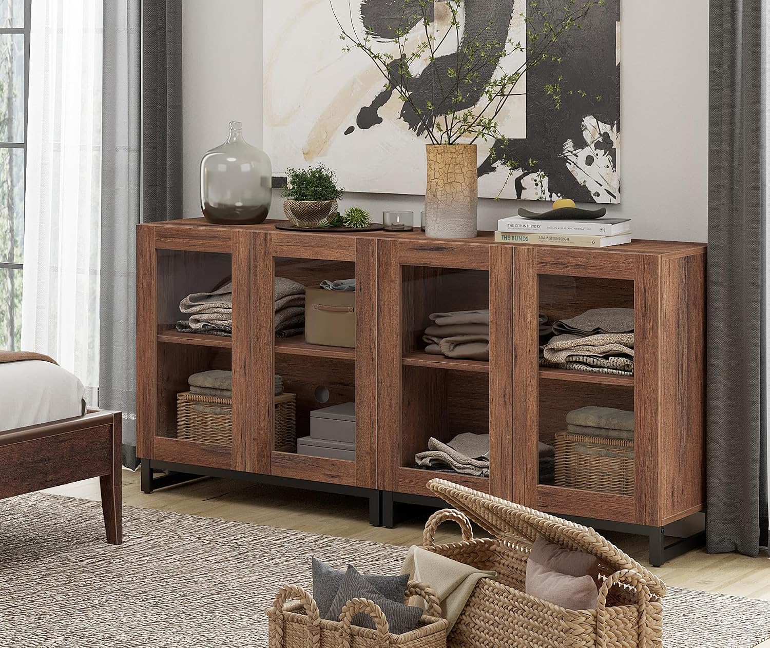 WAMPAT Sideboard Buffet Cabinets, Modern Credenza Sideboard with Adjustable Shelf and Metal Base, Coffee Bar Cabinet Accent Storage Cabinet for Living Room, Kitchen, Brown-A, 2 Pcs