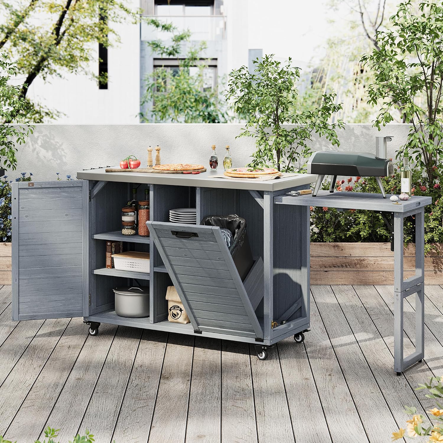 LUMISOL Outdoor Grill Cart with Stainless Steel Top, Movable Outdoor Kitchen Island with Foldable Grill Table, Rolling Kitchen Cart with Trash Can Storage, Outdoor Prep Table for Parties, Grey Blue