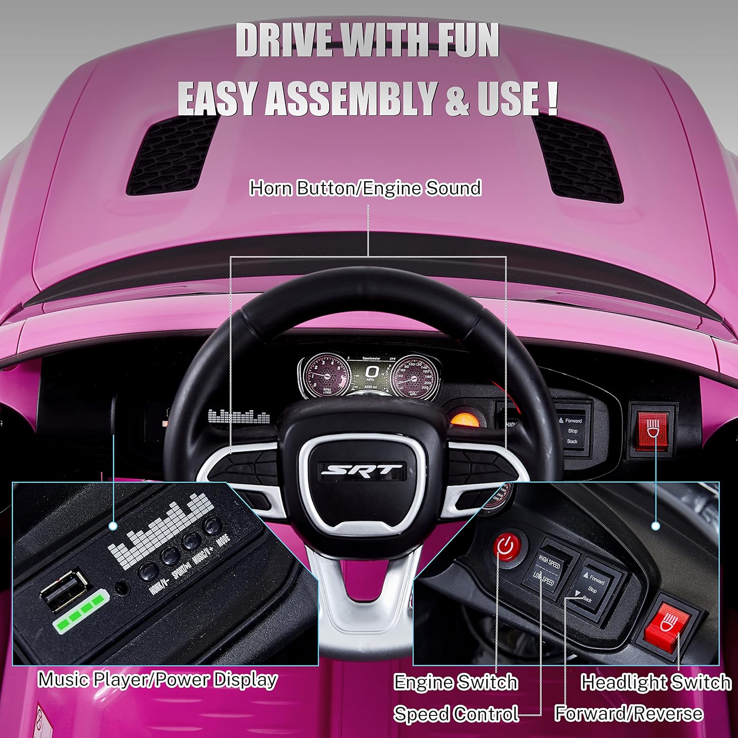 ENYOPRO 12V Dodge Charger SRT Kids Ride On Car w/Parent Remote Control, Electric Power Car Ride On Toy w/4-Wheel Suspension, 3 Speeds, LED Lights, Music Player, Battery Car Gift for Kids Girls, Pink