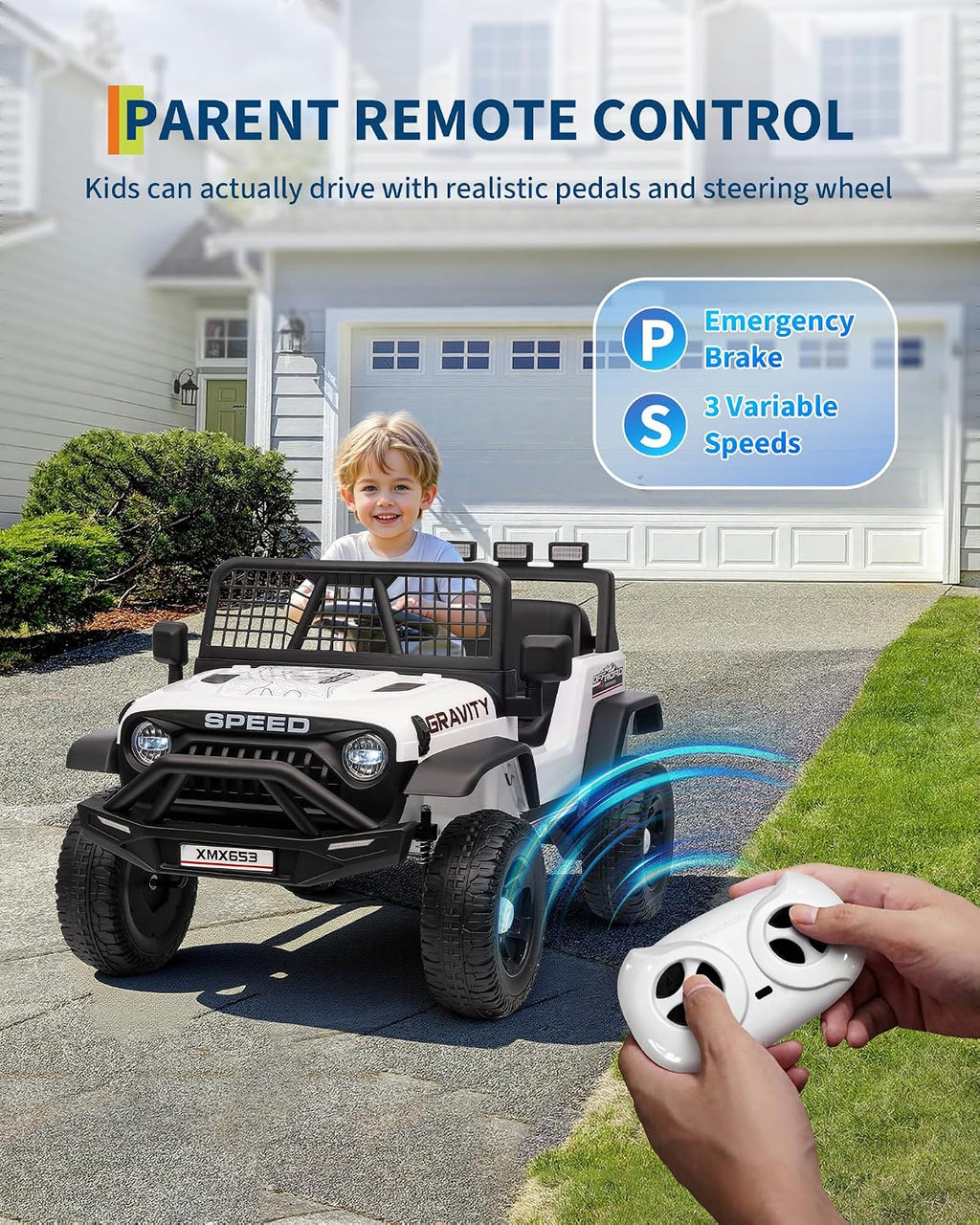 GarveeLife 12V Kids Electric Ride On Truck with Remote Control Ride On Toy for Toddler Boys & Girls Bluetooth Music Player LED Lights(White)