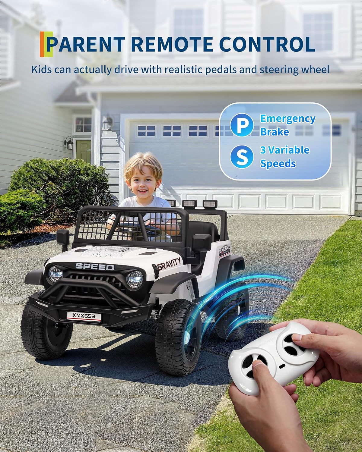 GarveeLife 12V Kids Electric Ride On Truck with Remote Control Ride On Toy for Toddler Boys & Girls Bluetooth Music Player LED Lights(White)