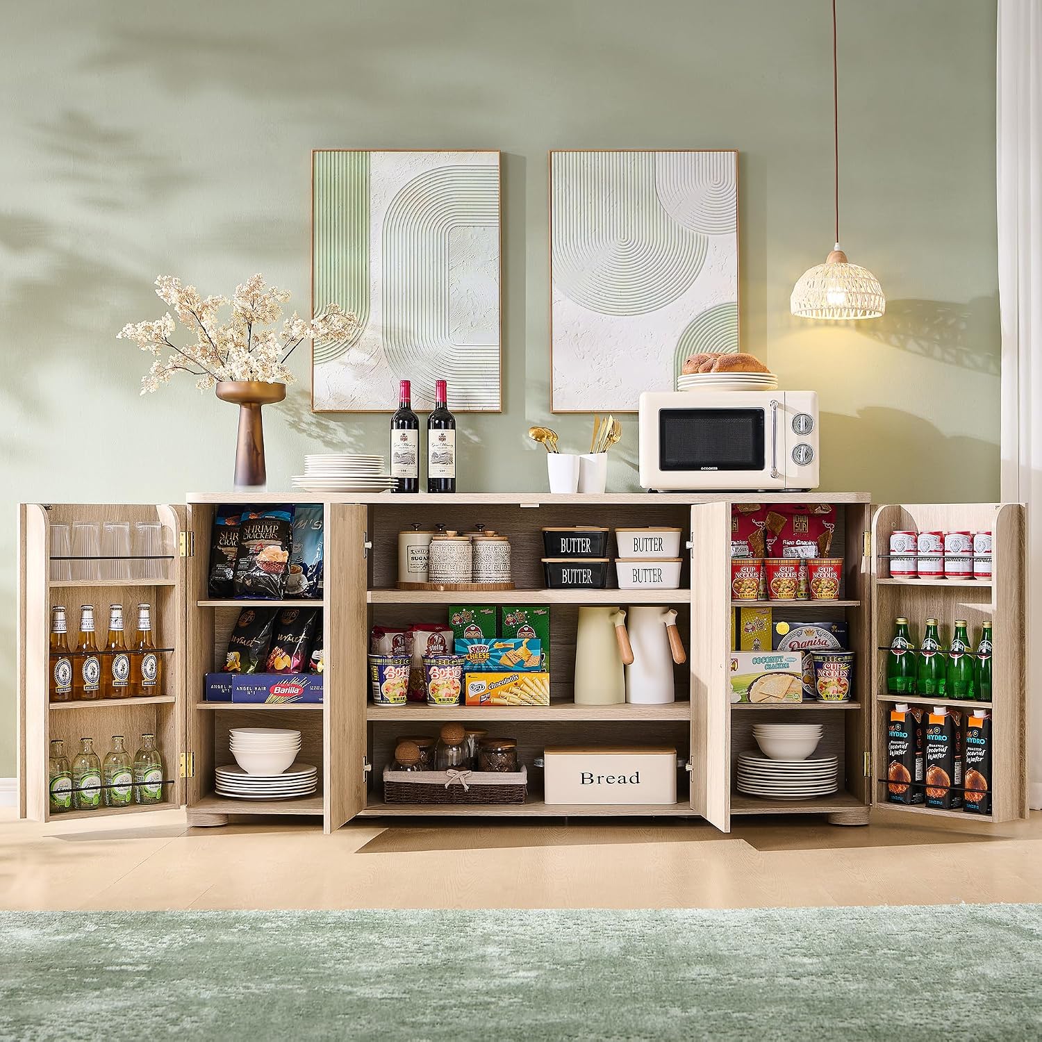 IFGET Curved Buffet Cabinet with Doors, 66' Large Sideboard Buffet Storage Cabinet with 4 Doors and Shleves, Modern Coffee Bar Station Wood Kitchen Table for Kitchen, Dining Room, Light Grey