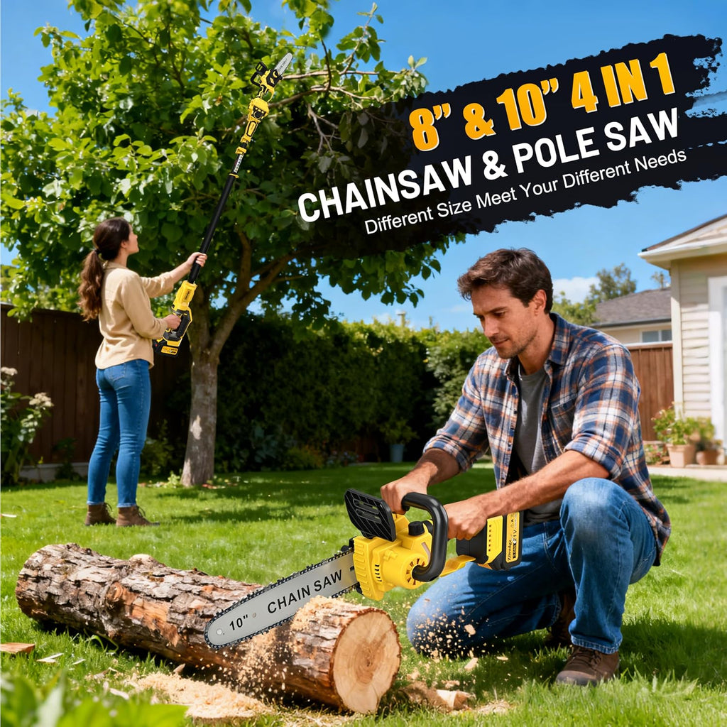 8 Inch/ 10 Inch Electric Pole Saws for Tree Trimming & Mini Chainsaw 4-IN-1, Cordless Pole Saw Battery Powered, Chain Saw with Extension Pole, Total Reach of Max 15ft, Limb Branch Cutter Pruner