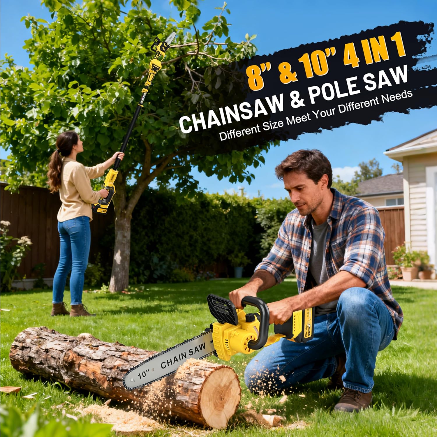 8 Inch/ 10 Inch Electric Pole Saws for Tree Trimming & Mini Chainsaw 4-IN-1, Cordless Pole Saw Battery Powered, Chain Saw with Extension Pole, Total Reach of Max 15ft, Limb Branch Cutter Pruner