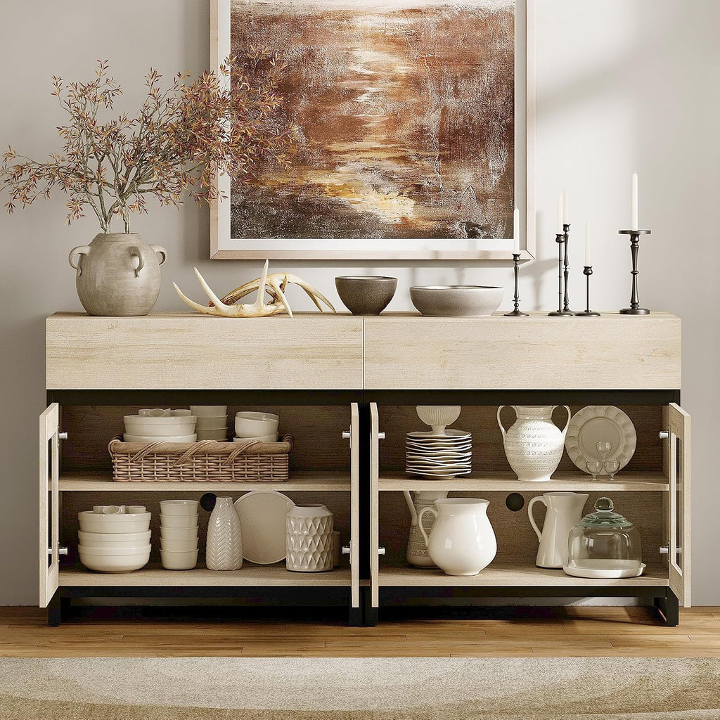 WAMPAT Sideboard Buffet Cabinets, Modern Credenza Sideboard with Adjustable Shelf and Metal Base, Coffee Bar Cabinet Accent Storage Cabinet for Living Room, Kitchen, Beige-B, 2 Pcs