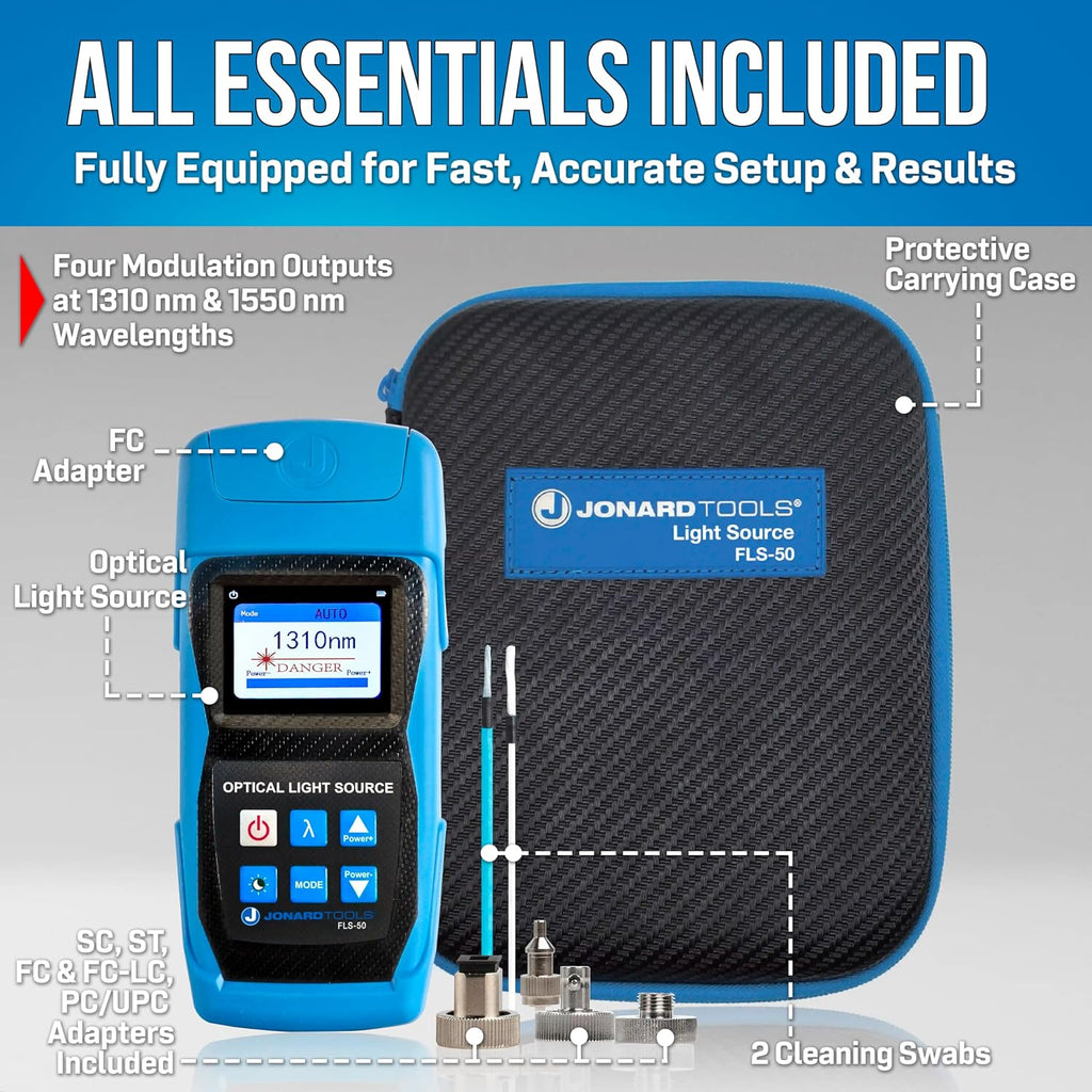 Jonard Tools FLS-50 Fiber Optic Light Source with Included FC/SC/LC (PC/UPC) Adapters for Single Mode Fiber Measurements (2025 Model)