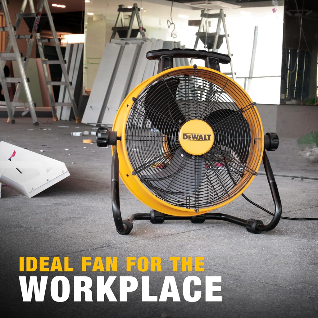 DEWALT DXF1840 Floor Fan, Industrial Fans, 18 Inch High Velocity Fan with 3-Speed Heavy Duty Air Circulator and 180 Adjustable Tilt, Large Electric Metal Rotating Garage Fan, Drum fan for Work, Yellow