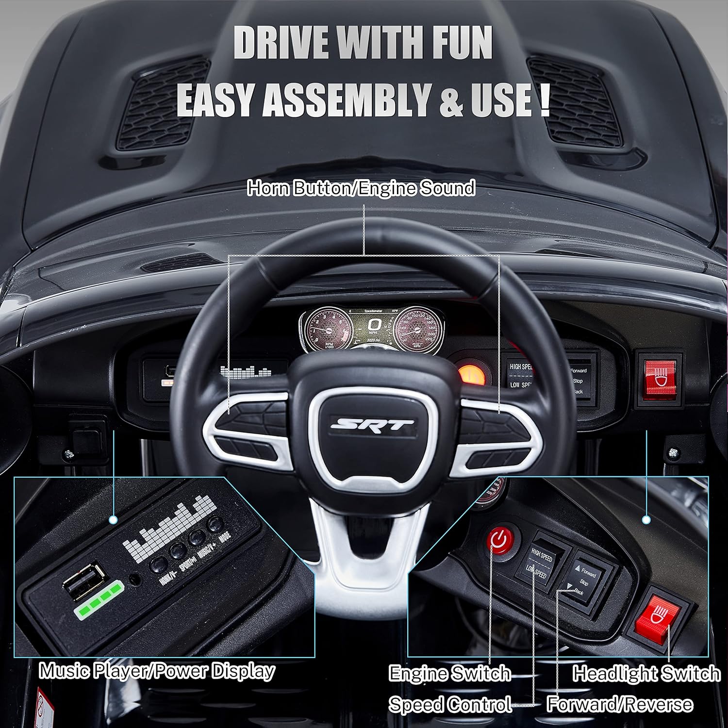 ENYOPRO 12V Electric Car for Toddlers & Kids, Licensed Dodge Charger SRT Hellcat Ride On Car, 7Ah Battery Powered Electric Vehicle w/Remote Control, Bluetooth, Music, 3 Speeds, LED Lights (Black)