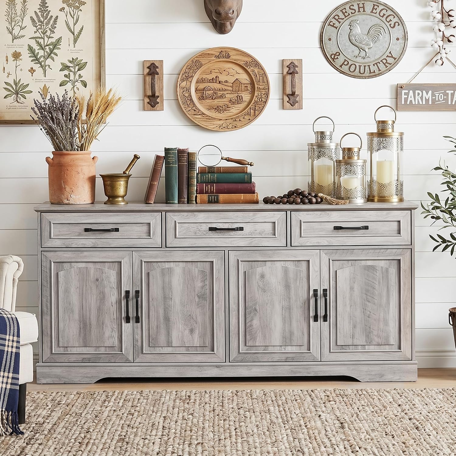 66' Large Sideboard Buffet Cabinet with Storage, Farmhouse Buffet Table Coffee Bar Wine Bar Kitchen Storage Cabinet with Drawers, Weathered Ash