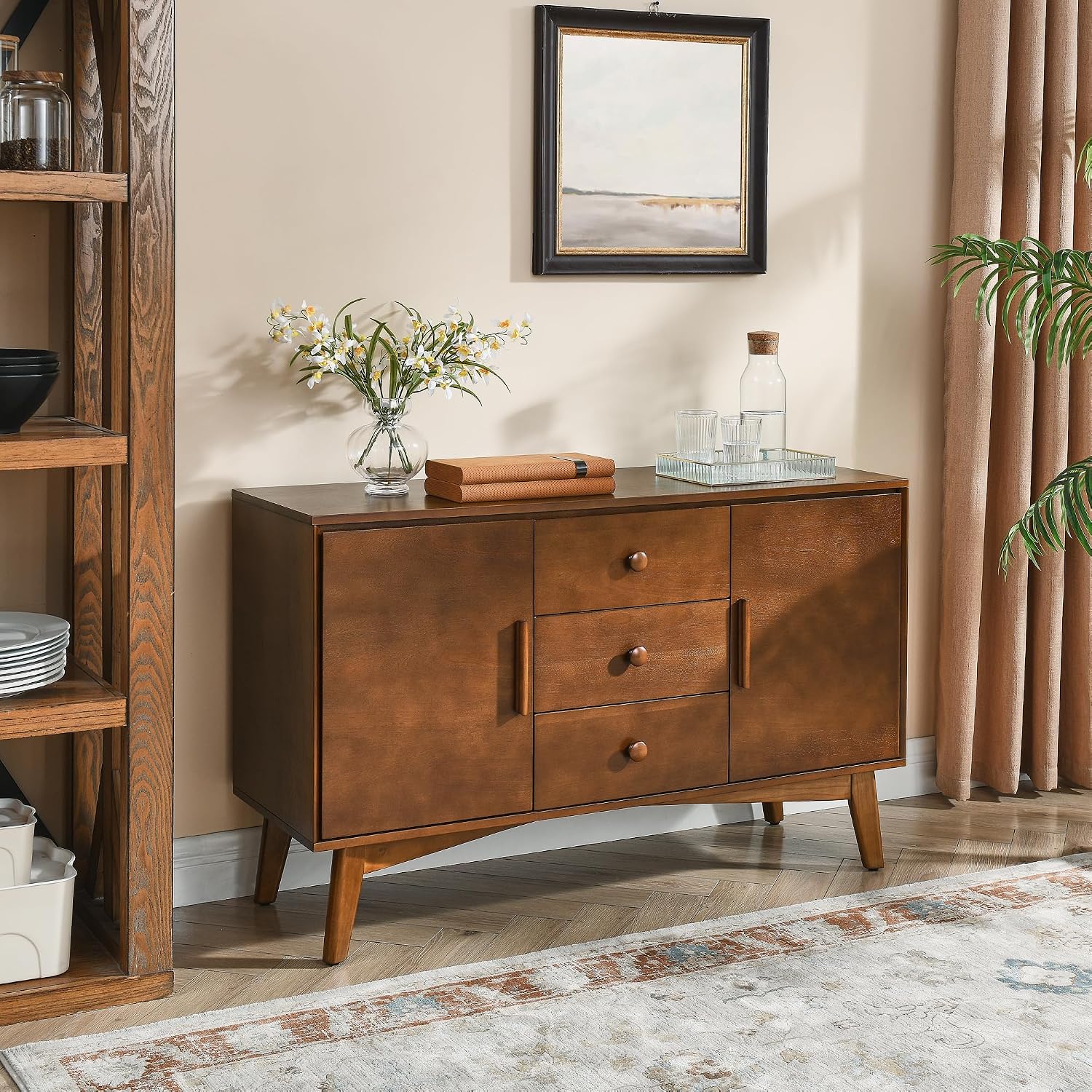 KEIKI Wood Sideboard Buffet Cabinet with Storage, Farmhouse Cupboard with 3 Drawers and Adjustable Shelves, Accent Console Table for Kitchen Dining Living Room, Walnut