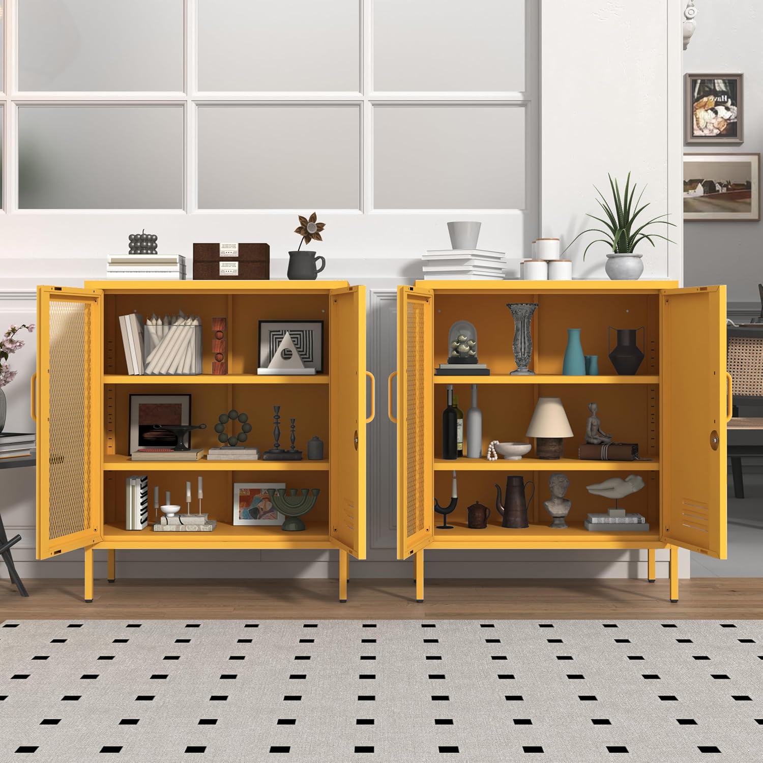 Yellow Metal Storage Cabinet with Lock 3-Tier Freestanding Locker Organizer with Mesh Ventilated Door Multipurpose Accent Cabinet Locker Adjustable legs For Hallway, Living Room, Entryway, Home Office