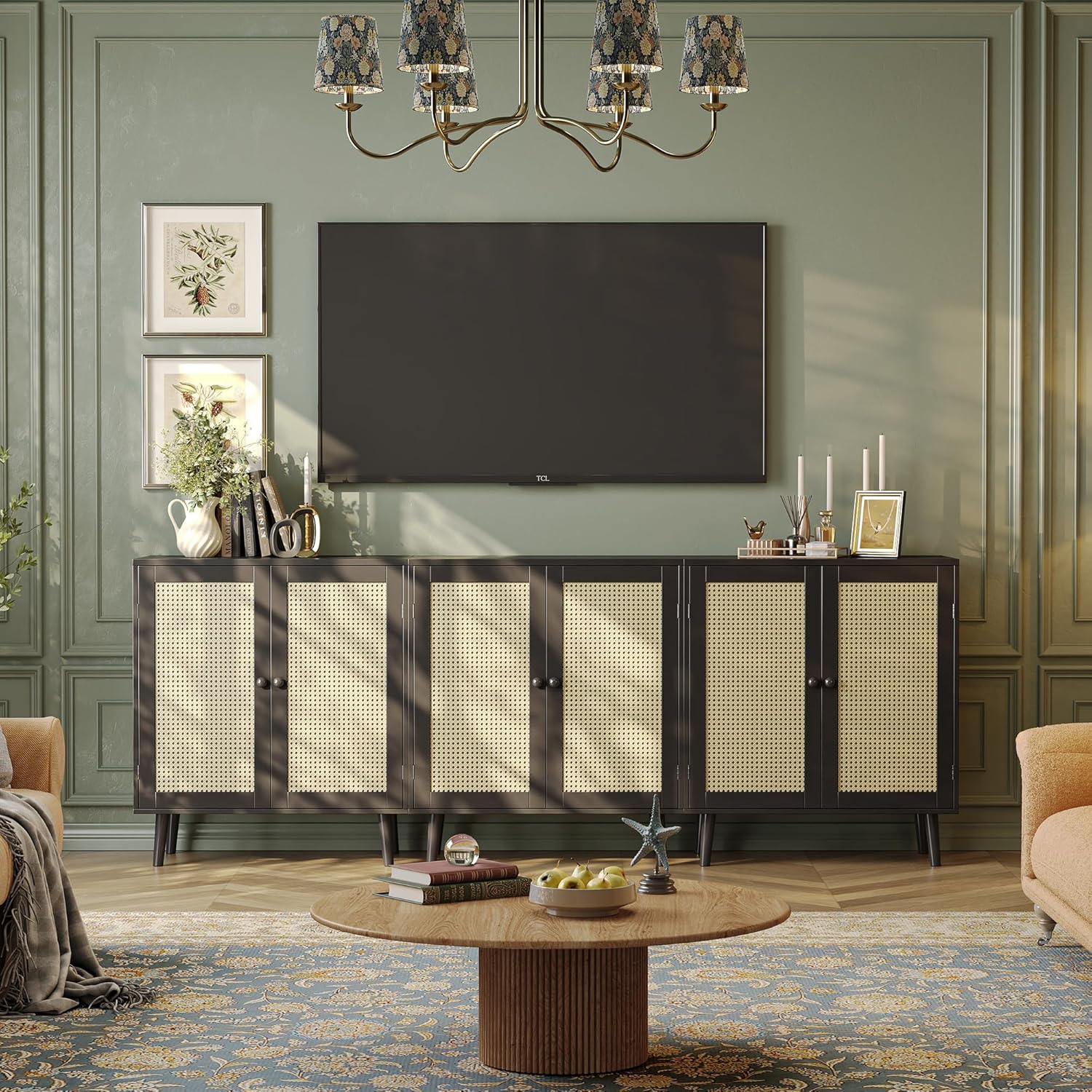 Huuger Buffet Cabinet with Storage, Storage Cabinet with Synthetic Rattan Decor Doors, Solid Wood Feet, for Hallway, Entry, Living Room, Black