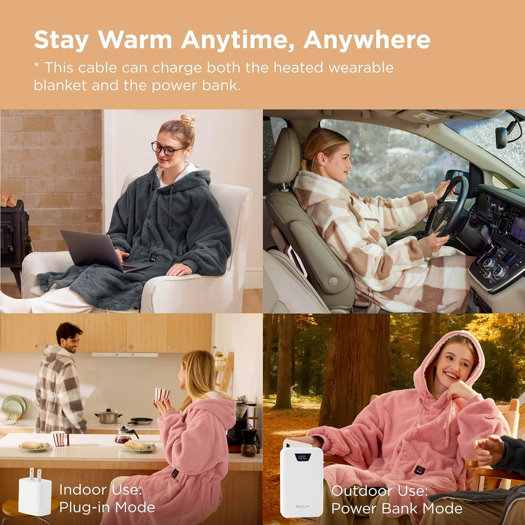 Bedsure Portable Heated Wearable Blanket Hoodie - Faux Cashmere Electric Blanket with 20000mAh Battery Pack, Cordless USB Heated Throw, Winter Gifts for Women, 4 Heat Levels & 4 Timers, 22'x43', Grey