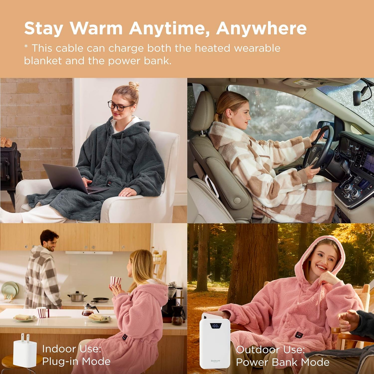 Bedsure Portable Heated Wearable Blanket Hoodie - Faux Cashmere Electric Blanket with 20000mAh Battery Pack, Cordless USB Heated Throw, Winter Gifts for Women, 4 Heat Levels & 4 Timers, 22'x43', Grey
