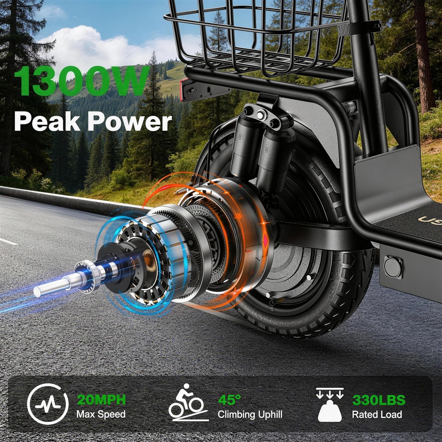Electric Scooter Adults, 1300W Peak Motor, Electric Scooter with Seat, 48V 13Ah Battery, 14' Tires, 35 Miles Range, 20 MPH, 330 LBS Load, Dual Braking,UL 2272