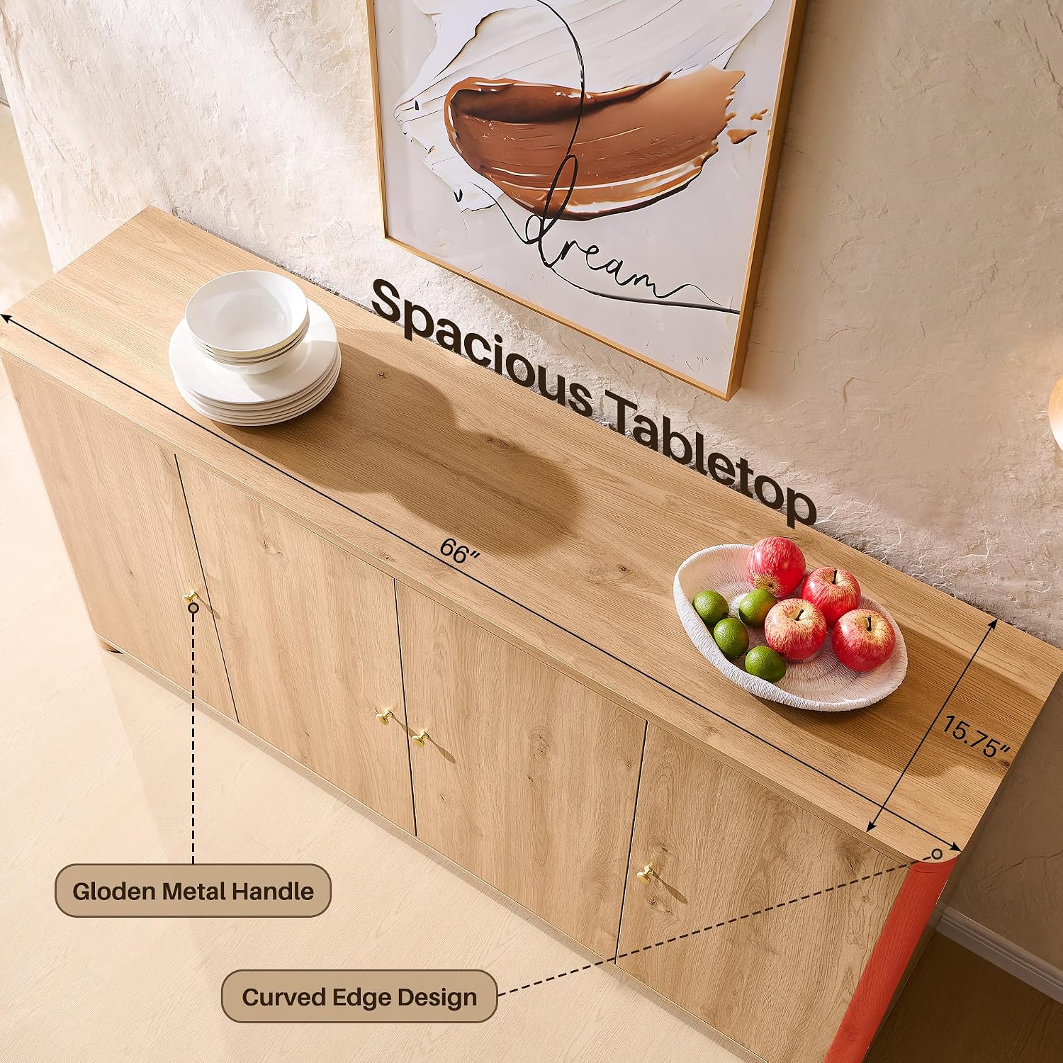 IFGET Curved Buffet Cabinet with Doors, 66' Large Sideboard Buffet Storage Cabinet with 4 Doors and Shleves, Modern Coffee Bar Station Wood Kitchen Table for Kitchen, Dining Room, Natural