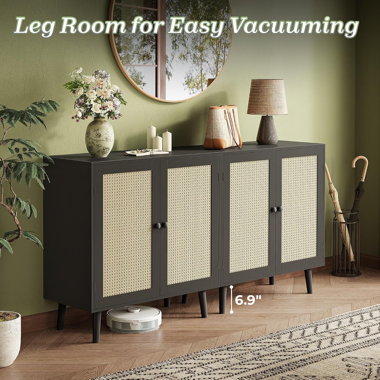 Huuger Buffet Cabinet with Storage, Storage Cabinet with Synthetic Rattan Decor Doors, Solid Wood Feet, for Hallway, Entry, Living Room, Black